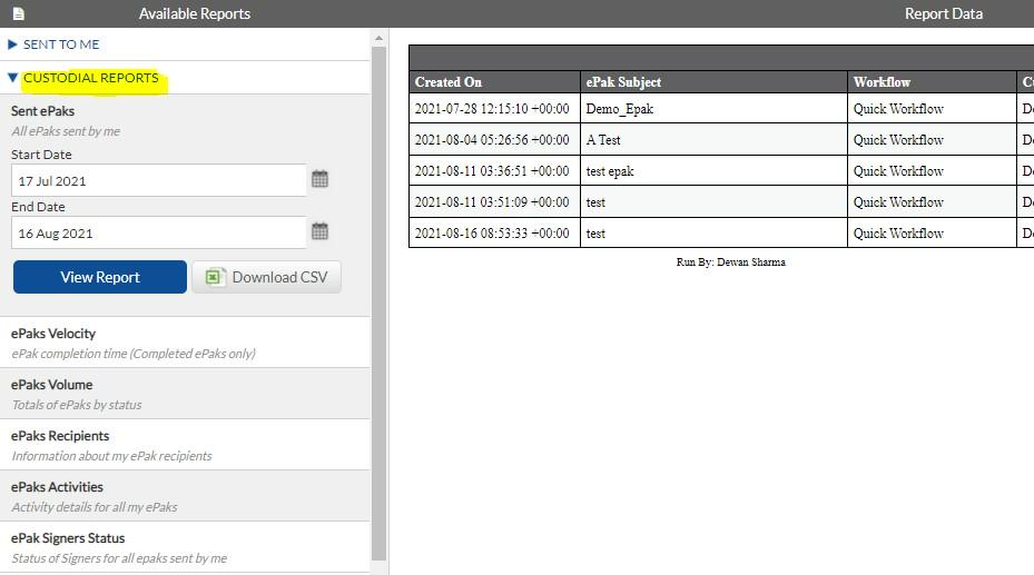 Download CSV button to download the report data in a CSV file