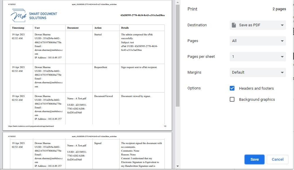 will open the print window and user can print all activities from there