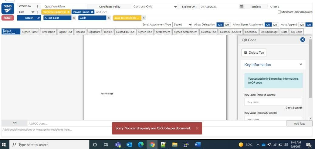 Custodian can only drop one QR code tag in one document