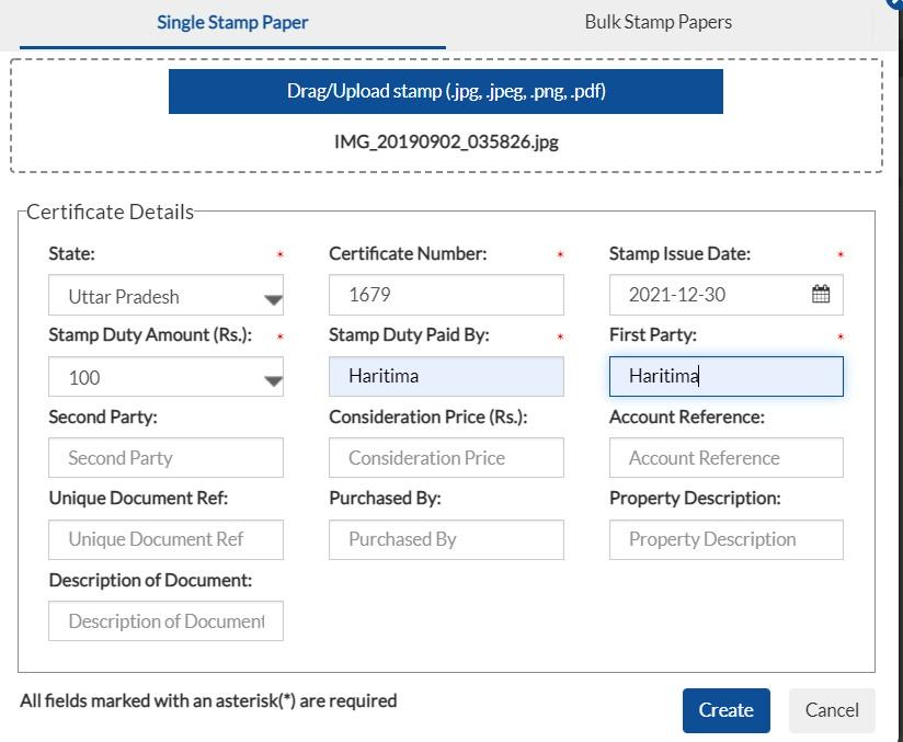 upload the scanned image and fill up the certificate details and click on create