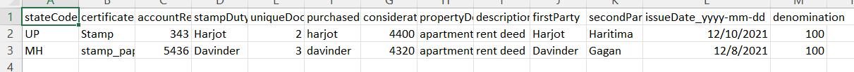 downloaded CSV file and upload the same in Upload Stamp